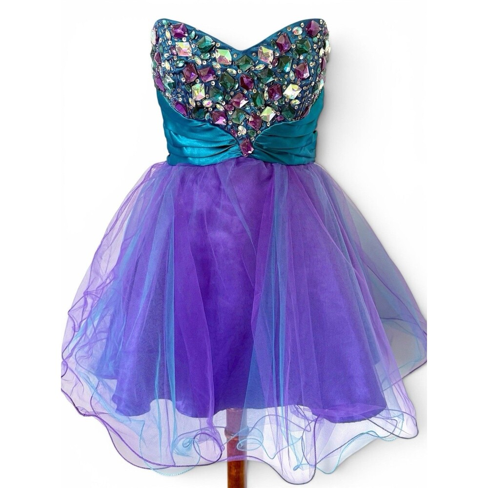 Vintage Y2K Party Princess Prom Layered Tulle Rhinestone Bejeweled Dress Fairy